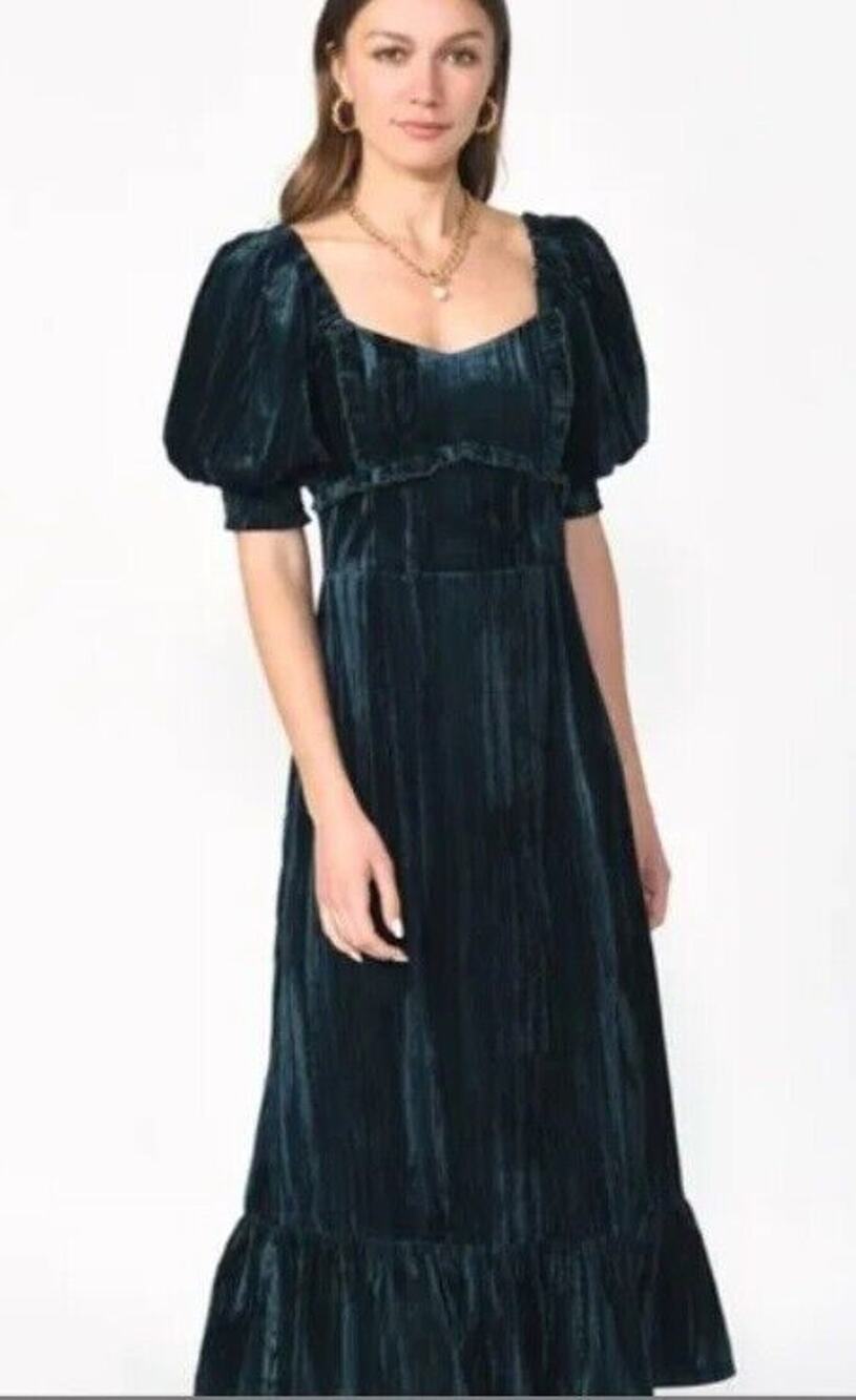 Adelyn Rae Kiani Velvet Puff Sleeve Smocked Whimsigoth Emerald Green Midi S